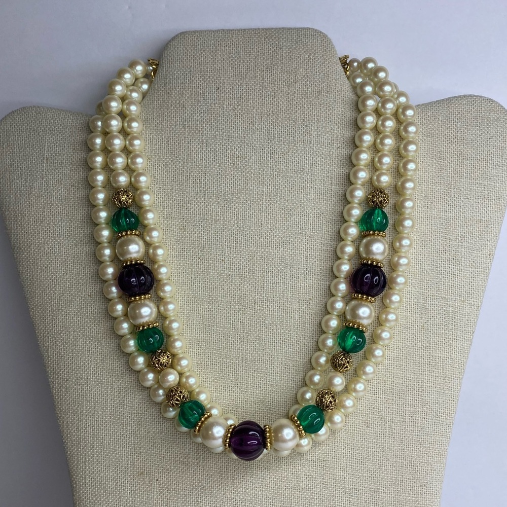 1928 Faux Pearl Necklace With Gold, Green, & Purple Beads